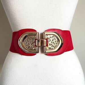 Wide Red Stretch Belt with Gold Buckle – Statement Waist Cincher
